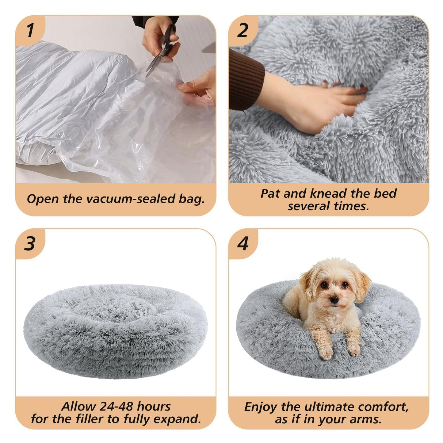JOLLYVOGUE Small Dog & Cat Beds for Indoor Cats - 20 inches Calming Donut Dog Bed for Kittens & Puppies, Washable Round Fluffy Plush Faux Fur Pet Beds (Smoke Grey)