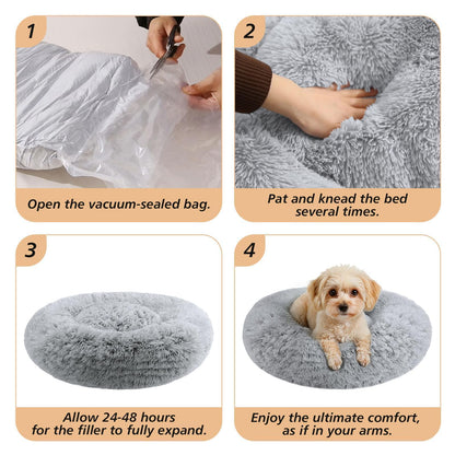 JOLLYVOGUE Small Dog & Cat Beds for Indoor Cats - 20 inches Calming Donut Dog Bed for Kittens & Puppies, Washable Round Fluffy Plush Faux Fur Pet Beds (Smoke Grey)