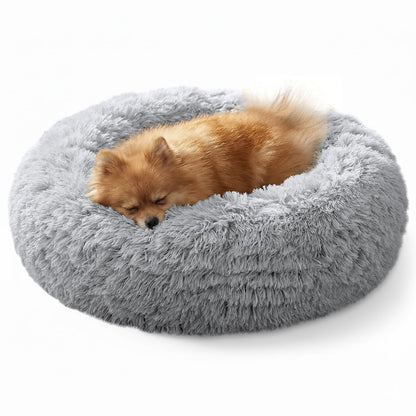 JOLLYVOGUE Small Dog & Cat Beds for Indoor Cats - 20 inches Calming Donut Dog Bed for Kittens & Puppies, Washable Round Fluffy Plush Faux Fur Pet Beds (Smoke Grey)