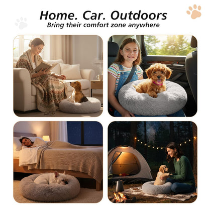 JOLLYVOGUE Small Dog & Cat Beds for Indoor Cats - 20 inches Calming Donut Dog Bed for Kittens & Puppies, Washable Round Fluffy Plush Faux Fur Pet Beds (Smoke Grey)