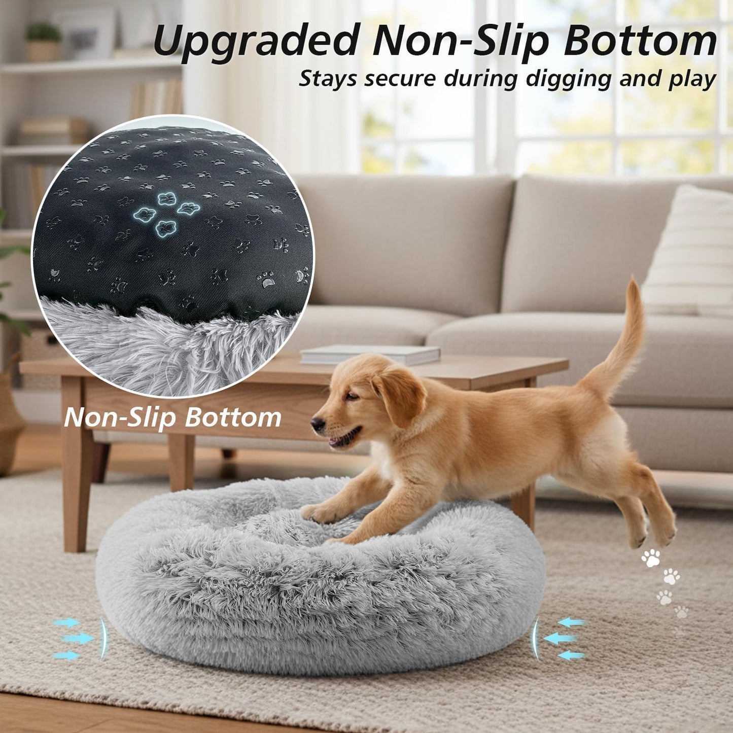 JOLLYVOGUE Small Dog & Cat Beds for Indoor Cats - 20 inches Calming Donut Dog Bed for Kittens & Puppies, Washable Round Fluffy Plush Faux Fur Pet Beds (Smoke Grey)