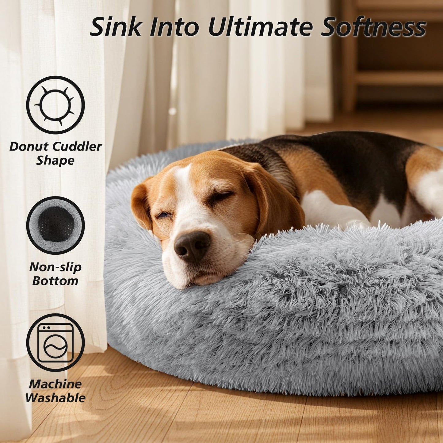JOLLYVOGUE Small Dog & Cat Beds for Indoor Cats - 20 inches Calming Donut Dog Bed for Kittens & Puppies, Washable Round Fluffy Plush Faux Fur Pet Beds (Smoke Grey)